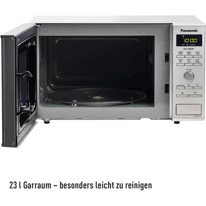 Мікрохвильова піч Panasonic NN-SD27HSGTG зі скляним поворотним столом, 23 л, 1000 Вт, 10 автоматичних програм, автоматичне розморожування, 6 рівнів потужності, таймер, цифровий LED-дисплей, нержавіюча сталь і срібло без функції гриля Нержавіюча сталь без 