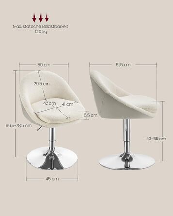 Регульований стілець VASAGLE, крісло для туалетного столика, офісне крісло, обертовий барний стілець зі спинкою та основою, сталь, для стійки, офісу, туалетного столика, їдальні, кремово-білий LJB100W01 кремово-білий фліс
