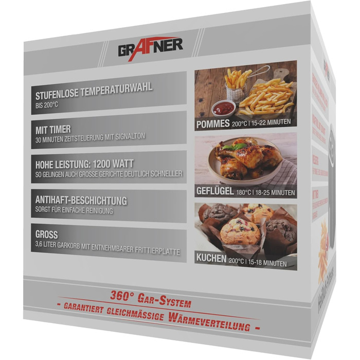 Фритюрниця Grafner XL 3,6 літра, 1200 Вт, система приготування 360, кошик для смаження з антипригарним покриттям, таймер на 30 хвилин, плавне регулювання температури до 200C, фритюрниця без жиру, фритюрниця без олії