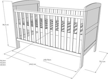 Дитяче ліжко/ліжечко Kids Collective 70x140 см з матрацом, трансформоване ліжечко, регульована висота Біле дитяче ліжко, зроблено в Європі, 70x140 см Від народження до 6 років, 70 x 140 см білий матрац