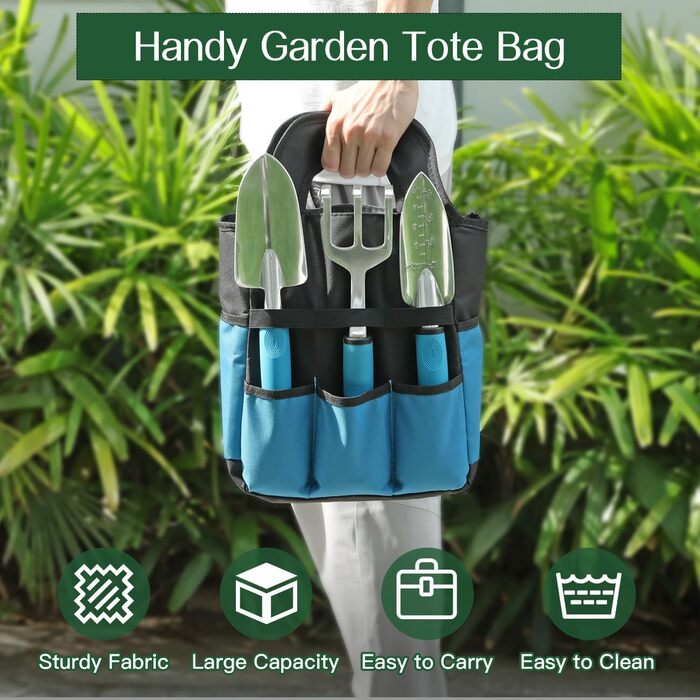 Набір садового інструменту Housolution, 8 предметів, міцний алюмінієвий сплав, з сумкою для зберігання з гумовим покриттям, ідеальний подарунок для садівників, синьо-чорний