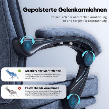 Ергономічне офісне крісло з функцією відкидання спинки, підставка для ніг, крісло з можливістю нахилу 90-135, синхронізовані підлокітники, вантажопідйомність до 150 кг, крісло керівника з високою спинкою, широке сидіння, тканина, темно-синя тканина