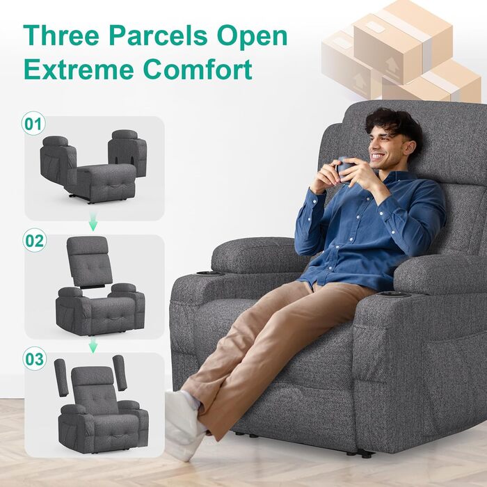 Крісло для телевізора з розкладним підйомником, масажне крісло з електрорегулюванням та функцією підігріву, функція розкладного підйому, підставка для ніг, 2 бічні кишені, підсклянник, порти типу C та USB, крісло для телевізора у вітальню, модний темно-сі