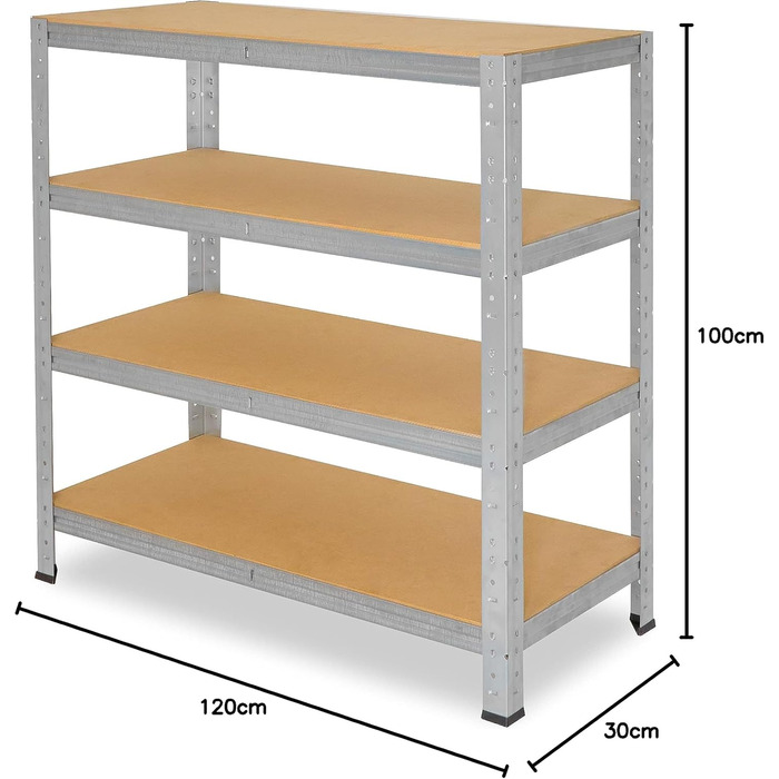 Надміцний домашній стелаж, оцинкований/металевий стелаж з 4 полицями/металевий стелаж для підвалу, гаражний стелаж, стелаж для майстерні або стелаж для зберігання/змішаний металевий стелаж з вантажопідйомністю 175 кг В 100см / Ш 120см / Г 30см, 100x120x30