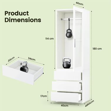 Однодверна шафа Dripex, маленька шафа з однією рейкою для одягу та 3 шухлядами, мінімалістична гардеробна 50 x 48 x 180 см Біла, для однокімнатних шаф 50 x 48 x 180 см - одні двері