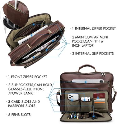 Контакти Шкіряний портфель для чоловіків, 16-дюймовий ноутбук сумка для офісу, шкіряний месенджер з ремінцем для візка, ПК портати