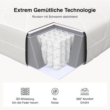 Матрац Novilla 140x200 з пружинним блоком, 7-зонний, дихаючий чохол H2/H3 та комфортна піна, сертифікований ko-Tex та CertiPUR-US пружинний матрац для односпального та двоспального ліжка, висота 20 см, 20 см, 140 x 200 см (пружинний блок)