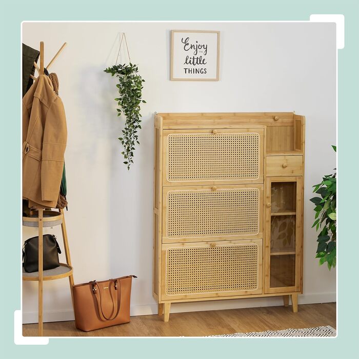 Бамбукова шафа для взуття Relaxdays, 127x95x19 см, натуральний колір Вузька взуттєва полиця, 5 відділень, 3 дверцята, на 9 пар