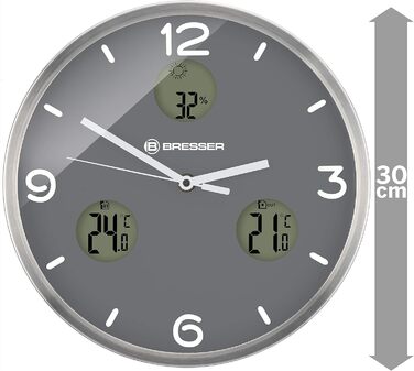 Радіокерований настінний годинник Bresser MyTime io NX з термометром та гігрометром, 30 см, сірий (нова версія), 8020211MGU000