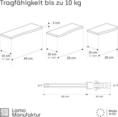 Комплект настінних дерев&39яних полиць LAMO Manufaktur з 3 предметів із прихованим кріпленням 40/35/30 см Настінна полиця виготовлена зі 100 справжнього дерева Підвісна полиця для вітальні, комплект настінних полиць 1, колір Live Edge, рустикальний, компл