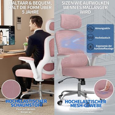 Ергономічне офісне крісло TRALT - Ігрове крісло з регульованим підголівником та поперековою опорою - Офісне крісло для дому - Комп&39ютерне крісло для високих людей - Сітчасте крісло, вантажопідйомність 150 кг, рожеве