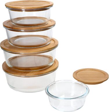Круглі контейнери для зберігання Ritzenhoff & Breker Esperanza, 5 шт. Скляні банки з дерев&39яними кришками 2 шт. по 1,25 л, по 900 мл, по 620 мл та по 300 мл Кришка з екологічно чистого бамбука зі скляною мискою Контейнер для делікатесів, хлібниця