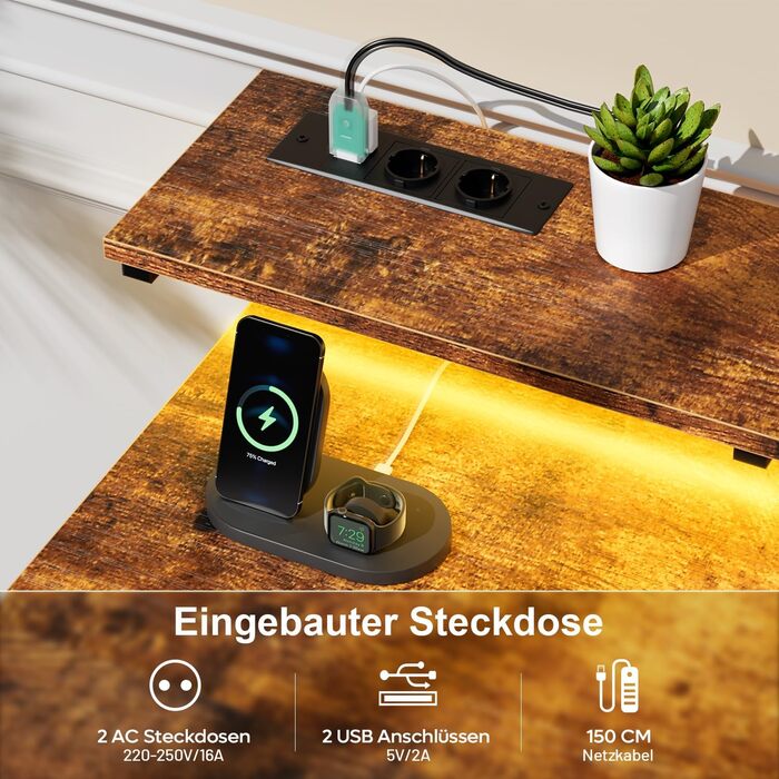 Письмовий стіл з 8 шухлядами, комп&39ютерний стіл з 2 розетками та 2 USB-портами для зарядки, офісний стіл зі світлодіодним освітленням та підставкою для монітора, ПК-стіл для офісу, вітальні, 120 x 50 x 74 см, коричневий