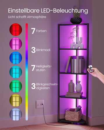 Кутова полиця VASAGLE з 5 полицями, книжкова полиця з регульованим світлодіодним освітленням, сталевий каркас, 24,8 x 48 x 146,6 см, для вітальні, спальні, кабінету, чорний колір Ebony LBC590B02