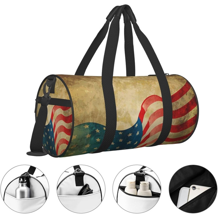 Спортивна сумка, дорожня сумка, вінтажний стиль, з принтом американського прапора, сумка на нічліг, чорна, універсальний розмір, сумка для подорожей