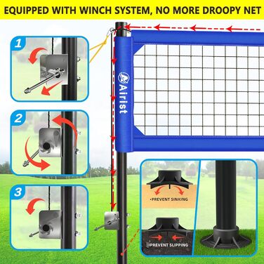 Волейбольна сітка Airist Heavy Duty для зовнішнього використання зі сталевою системою захисту від провисання, регульовані алюмінієві стійки