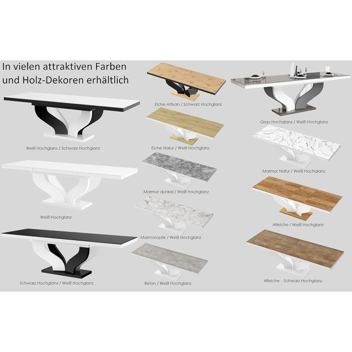 Дизайнерський обідній стіл HEB-222, чорний глянцевий / білий глянцевий, розсувний від 160 см до 256 см, обідній стіл до 10 осіб, глянцевий, функціональний стіл, сучасний, універсальний, розсувний, позачасовий