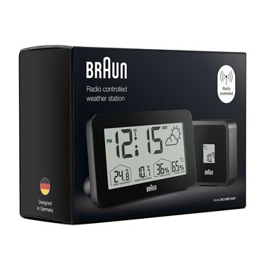 Годинник Braun цифрова метеостанція на радіокеруванні для центральноєвропейського часового поясу (DCF) з індикацією температури в приміщенні і на вулиці, вологості, прогнозом, звуковим сигналом будильника чорного кольору, модель BC13BP-DCF.