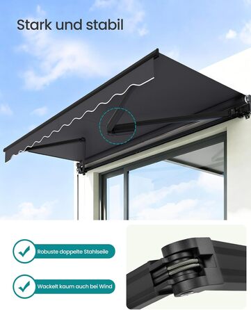 Складаний тент SONGMICS, тент з ручним приводом, сонцезахисний козирок для балкону, UPF 50, алюмінієвий сплав, регульований, 300 x 250 см, сірий GSA306GZ01 300 x 250 см сірий