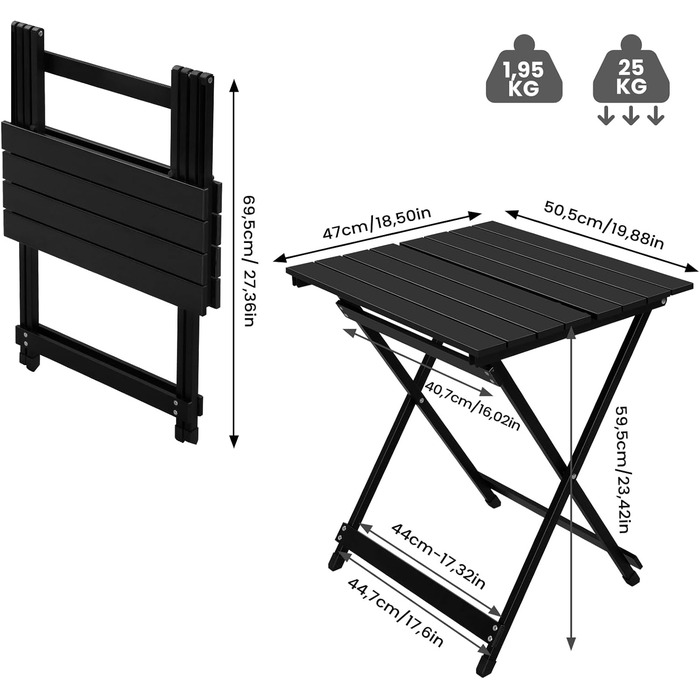 Складаний кемпінговий стіл WOLTU, алюмінієвий садовий стіл, балконний стіл, розкладний стіл, бічний столик для саду, патіо, балкону, 50,5 x 59,5 x 47 см (Ш x В x Г), чорний