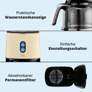 Набір для сніданку KHG Чайник, тостер і кавоварка кремовий бежевий ретро Vintage, місткість 1,7 літра, 2 скибочки тостів і 12 чашок кави, основа 360, регулювання рівня обсмажування, набір функцій Keep Warm з тостером і кавоваркою