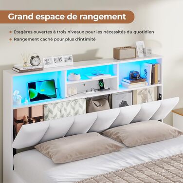 Ліжко AOGLLATI 140200 см, М&39яке ліжко із зарядною станцією та світлодіодним освітленням, Двоспальне ліжко з місцем для зберігання речей та узголів&39ям для зберігання речей, 4 шухляди, Рейкова основа, без матраца (для матраца 140 x 200 см), Білий 140 x 