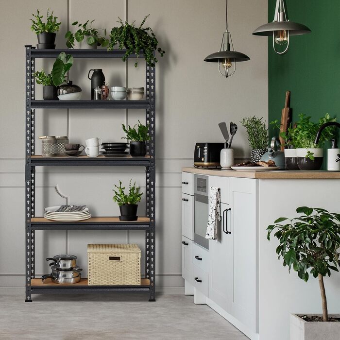 Ярусний стелаж для зберігання Yaheetech з регульованими полицями, міцний стелаж, підвальний стелаж, окремостоячий стелаж, стелаж без болтів, вантажопідйомність 175 кг на полицю, 75x30x153 см/чорний, 5-