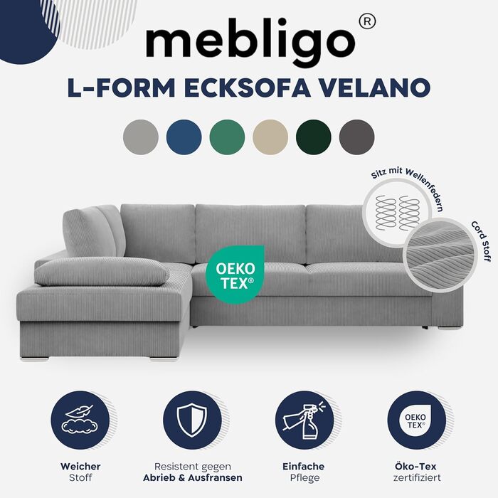 Кутовий диван з функцією сну та відділенням для зберігання речей шириною 287 см VELANO, кутовий диван, L-подібний диван, великий диван, комфорт та стиль, L-подібний секційний диван, L-подібний диван з функцією сну - Вельветовий диван темно-сірий (Poso 022