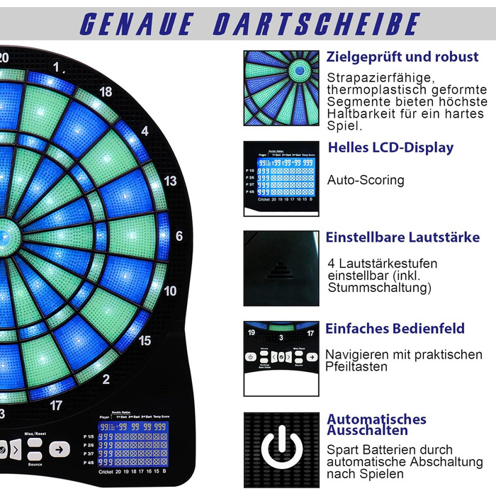 Електронна мішень для дартсу Turnart, електронна мішень для дартсу, електронна мішень для дартсу зі світлодіодним підсвічуванням цифр, професійна електронна мішень для дартсу з 6 м&39якими синіми дротиками