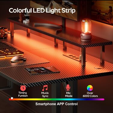 Ігровий стіл зі світлодіодним освітленням, комп&39ютерний стіл 120 x 60 см з розетками та USB-портом для зарядки, ігровий стіл з підставкою для монітора, карбоновим покриттям, підсклянником та гачком для навушників, чорний 120 x 60 см