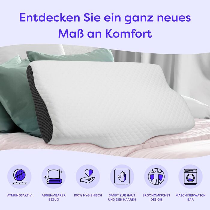 Ортопедична подушка Wolkenfeld 30x50, подушка для голови для зменшення болю в шиї, подушка для шиї з піни з ефектом пам&39яті подушка для сну на боці, спині та животі бавовняний чохол