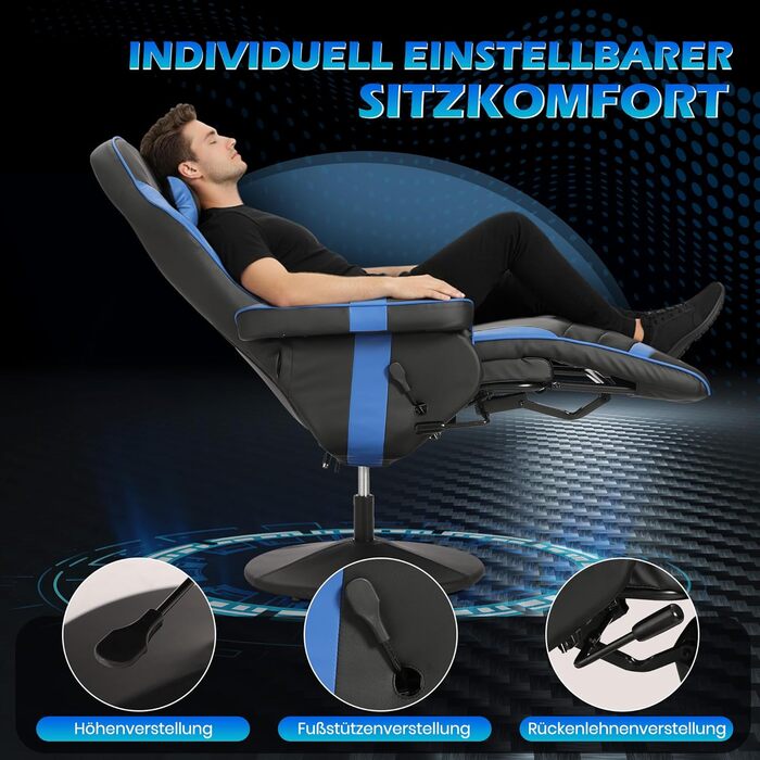 Геймерське крісло з функцією масажу, регульоване по висоті ігрове крісло з висувною підставкою для ніг та підсклянником, ергономічне офісне крісло з підголівником, поворотне гоночне геймерське крісло (синє)