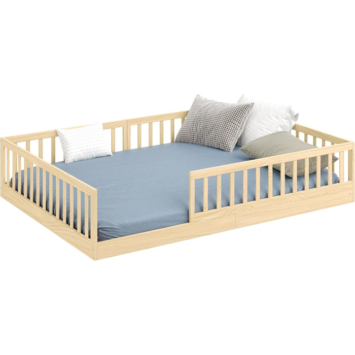 Дитяче ліжко CADANI Timi 140x200 см, підлогове ліжко, знімні захисні поручні, вантажопідйомність до 200 кг, висувна рейкова основа, ліжко Монтессорі з масиву сосни, 3 варіанти складання, трансформоване, натуральний колір 140 x 200 см