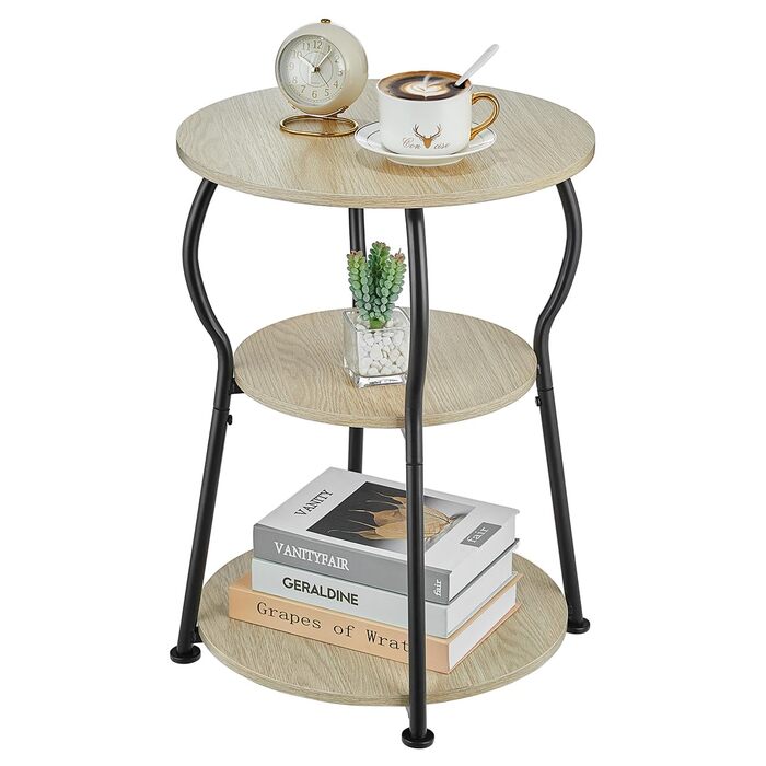Круглий журнальний столик, 3-ярусний вінтажний журнальний столик, невеликий з міцним металевим каркасом, тумбочка біля ліжка, невеликий круглий диванний столик для вітальні, спальні, балкону, 40 x 40 x 55 см (дуб).
