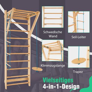 Дерев&39яна стіна для скелелазіння GYMAX, стіна для скелелазіння в приміщенні для дорослих та дітей, гімнастична стіна з турніком, мотузковими сходами та трапецією, стіна для фітнесу, вантажопідйомність до 100 кг, шведські сходи для домашнього використанн