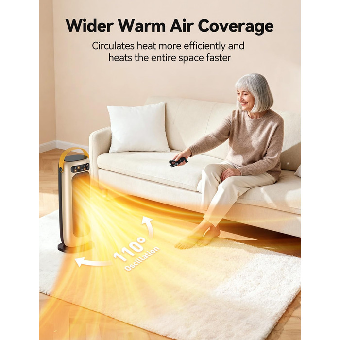 Енергозберігаючий електричний вентилятор-обігрівач, тихий та потужний 35 дБ, керамічний вентилятор-обігрівач PTC потужністю 1500 Вт з пультом дистанційного керування, 4 режими, коливання 110, таймер 1-10 годин, захист від перегріву та перекидання, невелик