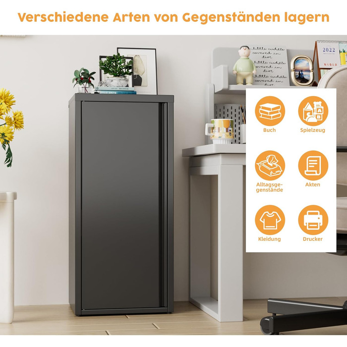 Металева шафа для документів з одними дверима, 88x40x35 см, 2 полиці з регульованою висотою, міцна металева шафка для документів, файлів та офісного приладдя (чорна)