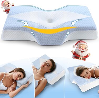 Подушка для шиї з піни з ефектом пам&39яті для полегшення болю в шиї, контурна подушка для сну, ортопедична з наволочкою для сну на боці, спині та животі, охолоджувальна O2-синьо-біла