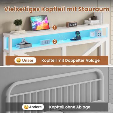 Плаваючий каркас ліжка 140x200 зі світлодіодним освітленням та зарядною станцією, Плаваючий каркас ліжка з узголів&39ям для зберігання, Металеве ліжко з металевою рейковою основою, Гостьове ліжко, Двоспальне ліжко, Дитяче ліжко - без матраца, 140 x 200 см