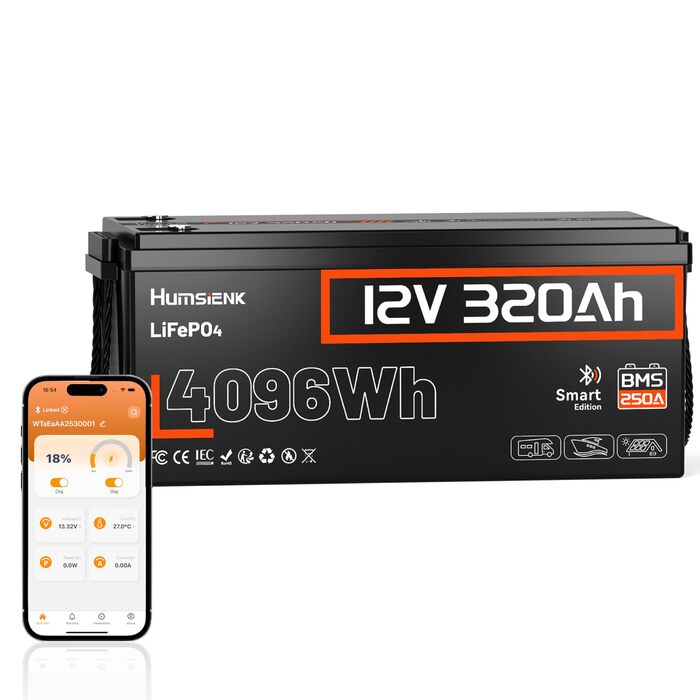 Акумулятор HumsiENK 12V 320Ah LiFePO4 з Bluetooth, сонячний акумулятор 250A BMS LiFePO4 12V 300Ah, понад 15 000 циклів, захист IP65 та захист від низьких температур, ідеально підходить для автофургонів
