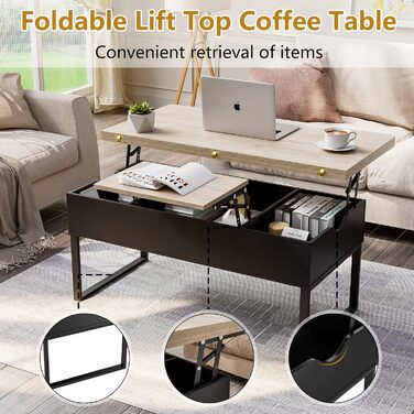 Розсувний журнальний столик з регульованою висотою, шухлядами та відкритим відділенням, коричнево-чорний, легкий підйом та закриття, більші приховані відділення