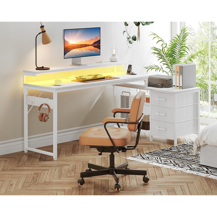 Г-подібний письмовий стіл ODK з шухлядами, кутовий стіл 174x100 см, білий з перевернутою полицею, ігровий стіл зі світлодіодним підсвічуванням та підставкою для монітора, комп&39ютерний стіл, офісний стіл для кабінету або спальні, 174x100 см, білий