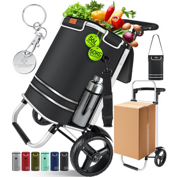 Складний візок для покупок 56л, витримує до 50кг 3-в-1 Візок-сумка, візок для перевезення та сумка через плече Складний візок з термосумкою та тримачем для ключів Чорний, для подолання сходинок