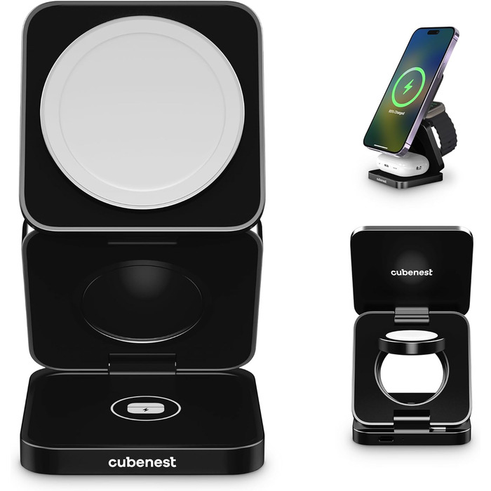 Складаний алюмінієвий бездротовий зарядний пристрій Cubenest 3в1 Сумісний з Magsafe, бездротовий зарядний пристрій для iPhone 12/1