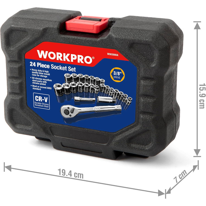 Набір гайкових ключів WORKPRO 3/8 з тріскачкою та насадками (метричні та дюймові) у кейсі, 24 предмети