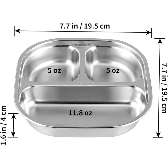 Набір з 3 нержавіючих тарілок з розділеннями та кришками, маленькі 3-секційні підноси для їжі, порційний контроль для дієти, шкільних обідів, домашньої їжі, пікніків та походів