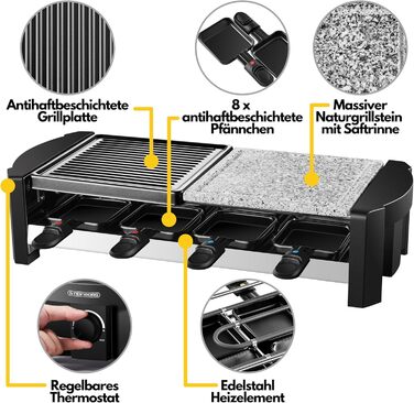 Раклет гриль 8 чол. Прилад для раклету Раклет гриль Вечірка Гриль Електричний гриль Настільний гриль Твердий натуральний камінь І пластина для гриля з покриттям 1300 Вт Нагрівальний елемент з нержавіючої сталі
