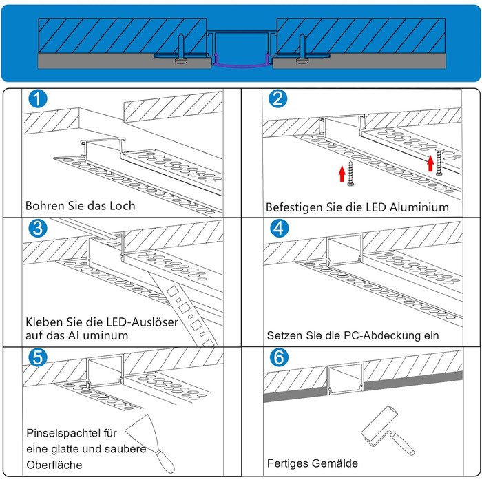 Світлодіодний профіль для гіпсокартону Efishine 6-PACK 1M, світлодіодний профіль алюмінієвий AluProfile для світлодіодних стрічок для стін і стель, світлодіодний канал із затискним дифузором і для ширших стрічок, таких як Philips Hue. 6 уп.