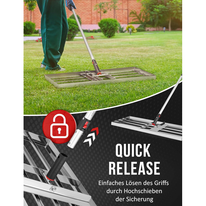 Гребінь для газону з нержавіючої сталі 75x35 см - професійний вирівнювач для газону з ручкою - для розрівнювання, підсипання піском та догляду - ергономічний інструмент для вирівнювання газону, що зберігає спину