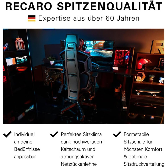 Ергономічне ігрове та офісне крісло RECARO AER Essential 2-в-1 Сертифіковане для офісу Преміальна оббивка Зроблено в Німеччині Гнучке регулювання - до 150 кг, колір Midnight Black